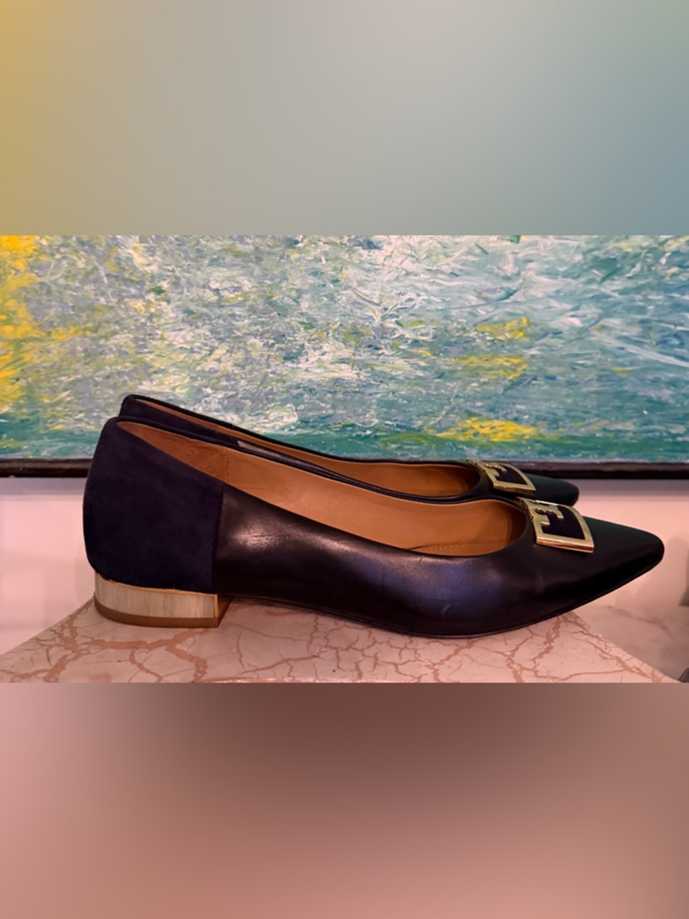 Tory Burch Gigi Black Pointed Toe Flats with Gold Logo - Picture 4 of 9
